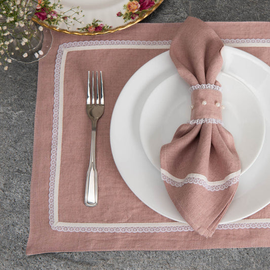 Lace edged dusty rose linen table mats