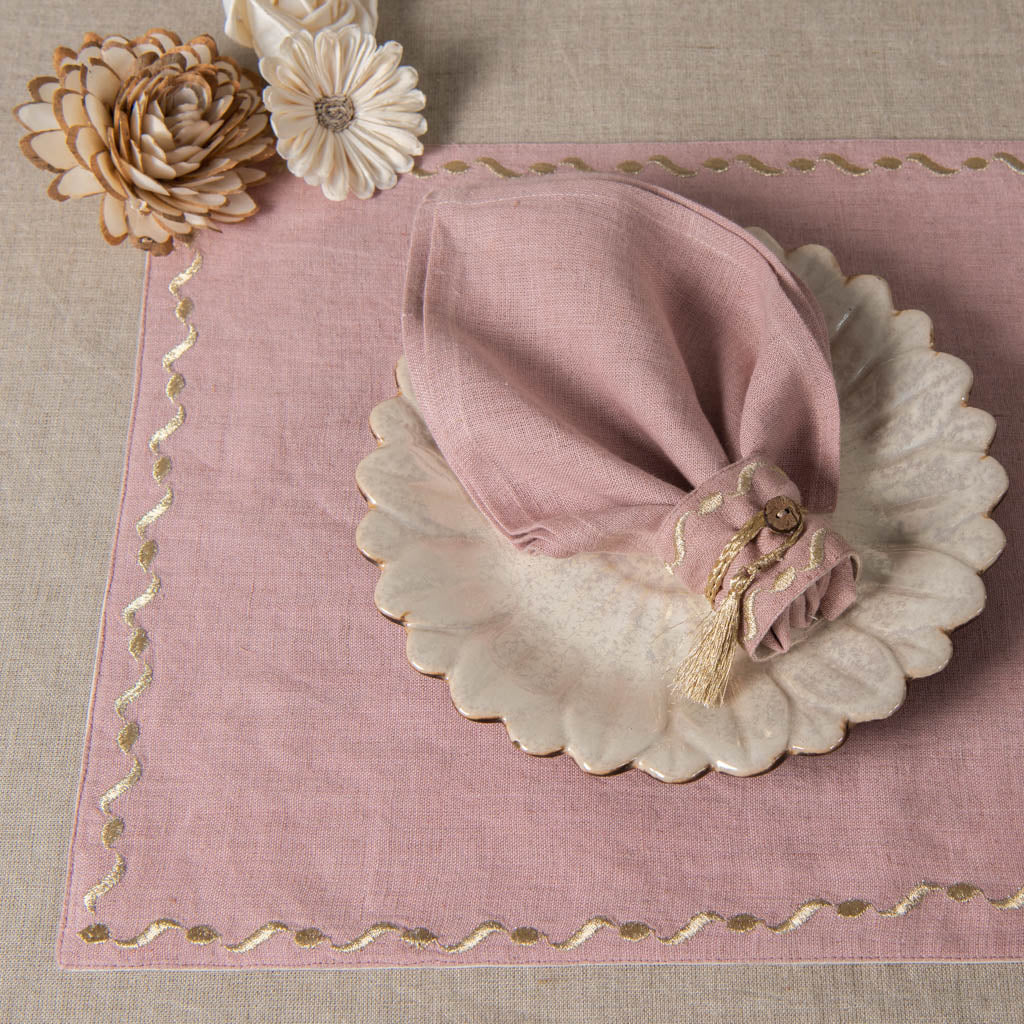 Gold embroidered dusty rose linen table mats