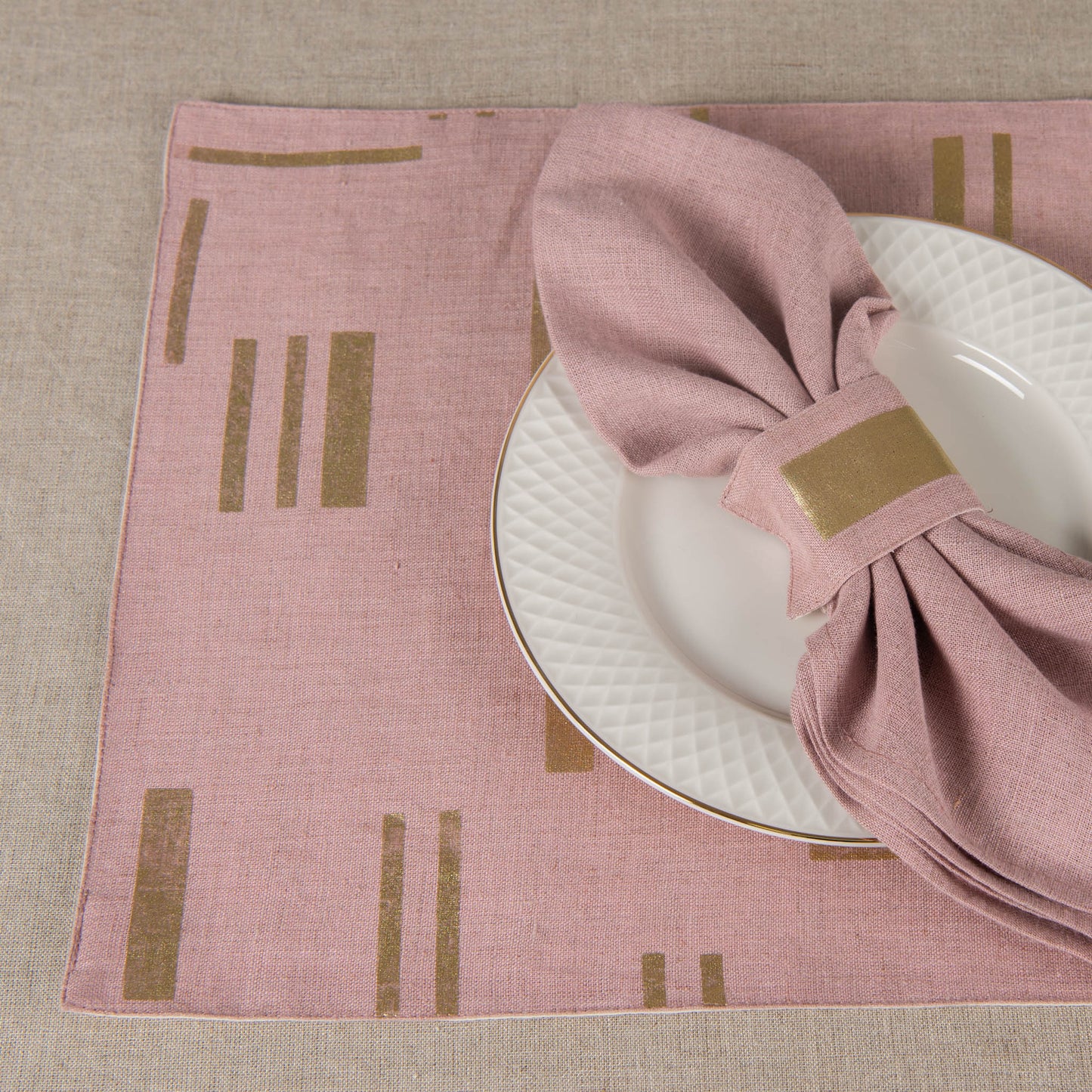 Gold foil printed dusty rose linen table mats