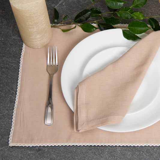 Lace edged beige cotton linen table mats