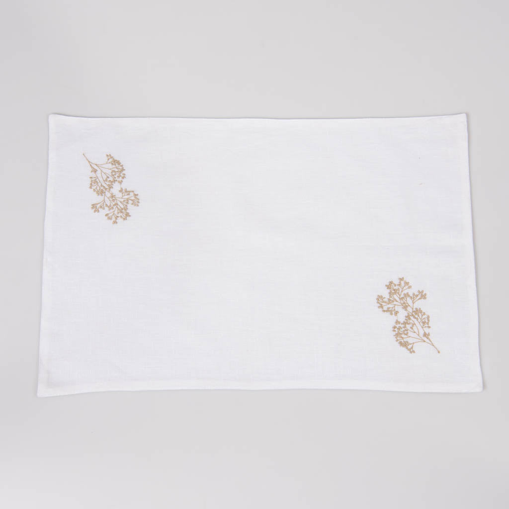 Embroidered white linen table mats