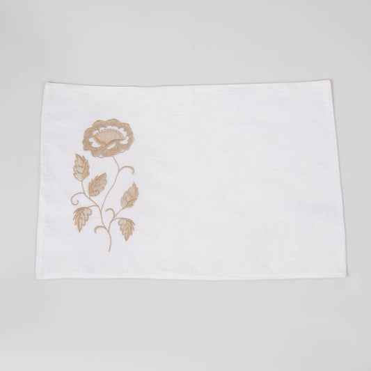 Embroidered white linen table mats