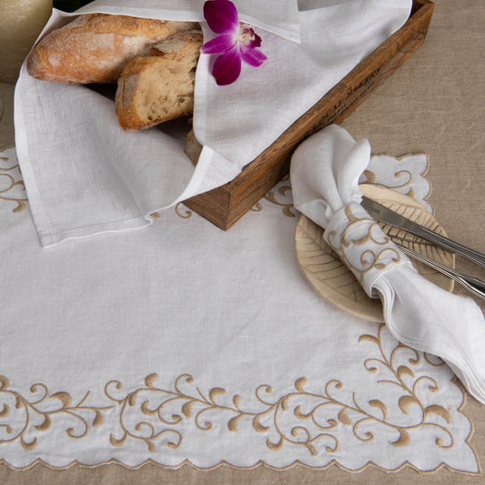 Cutwork edged white linen table mats