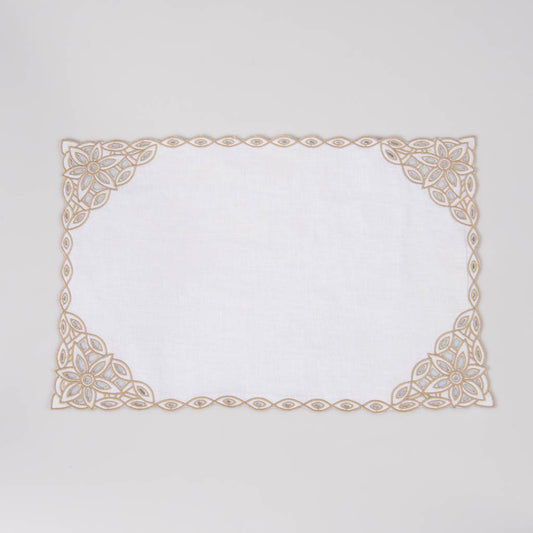 Cutwork edged white linen table mats