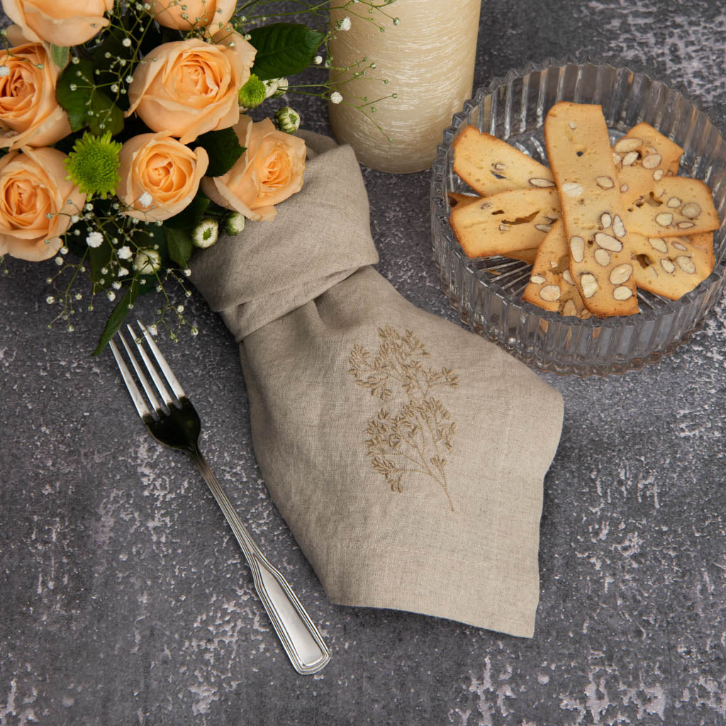 Embroidered natural linen dinner napkins