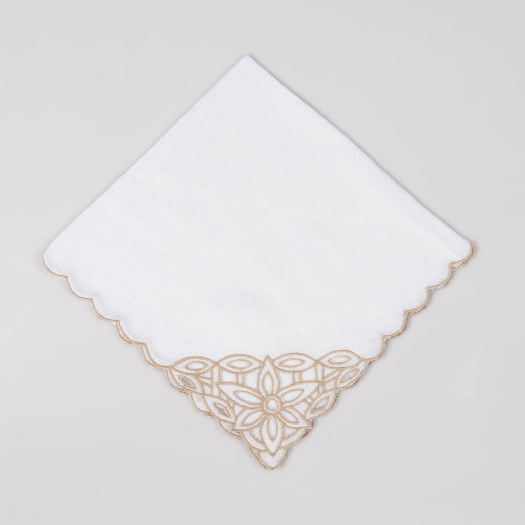 White linen dinner napkins with cutwork