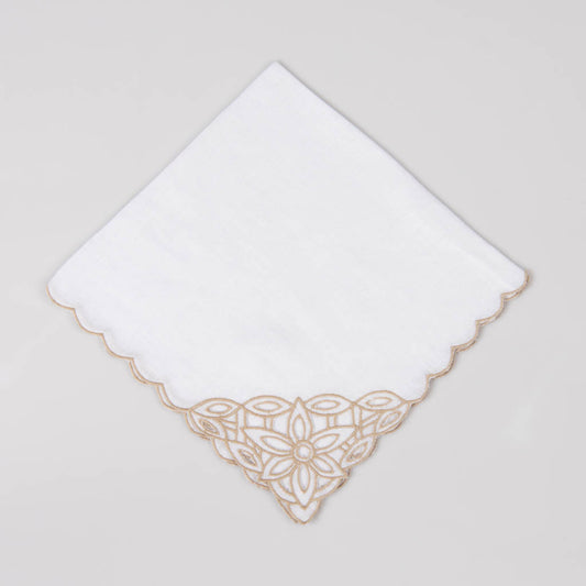 White linen dinner napkins with cutwork