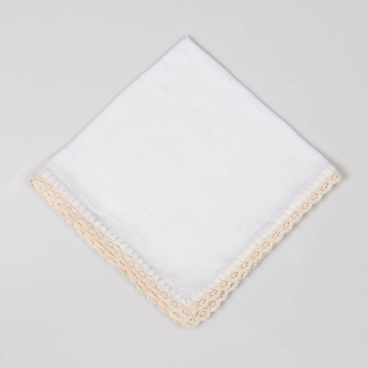 Crochet edged white linen dinner napkins