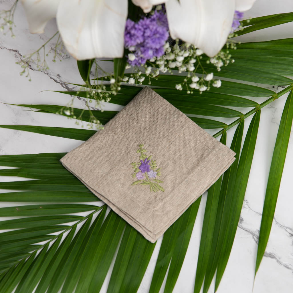  Embroidered natural linen cocktail napkins