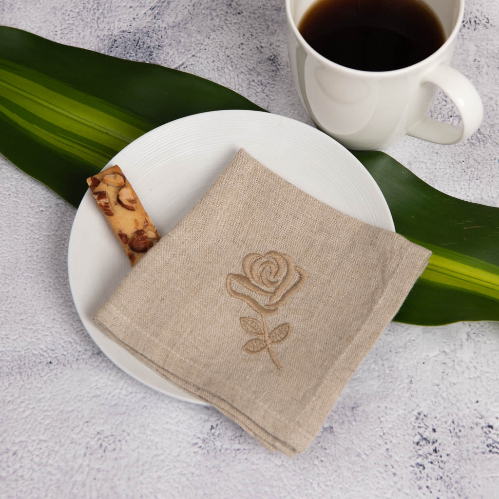 Embroidered natural linen cocktail napkins