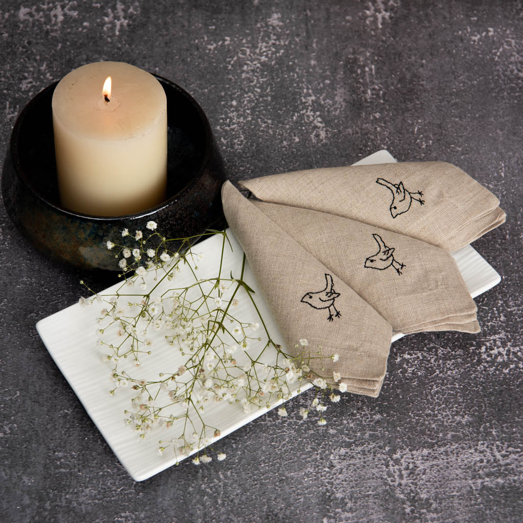 Embroidered natural linen cocktail napkins