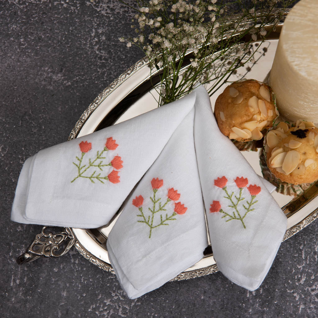 Embroidered white linen cocktail napkins