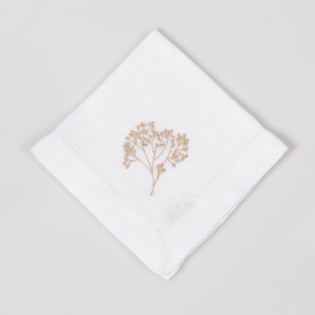 Embroidered white linen cocktail napkins