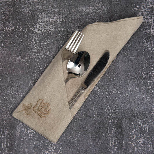 Embroidered natural linen double pocket cutlery holders