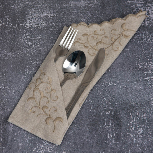 Embroidered natural linen double pocket cutlery holders