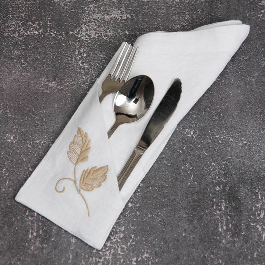 Embroidered white linen double pocket cutlery holders