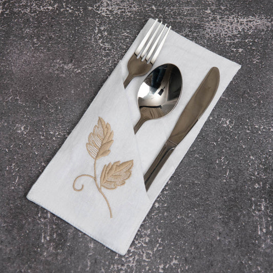 Embroidered white linen double pocket cutlery holders