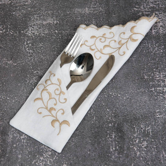 Embroidered white linen double pocket cutlery holders