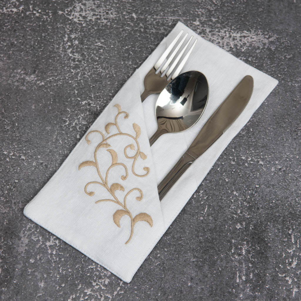 Embroidered white linen double pocket cutlery holders