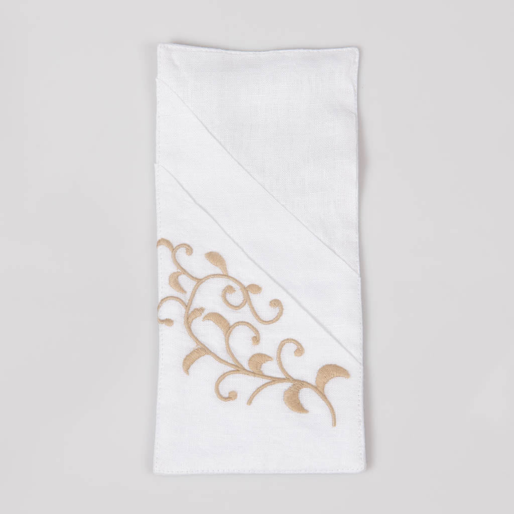 Embroidered white linen double pocket cutlery holders