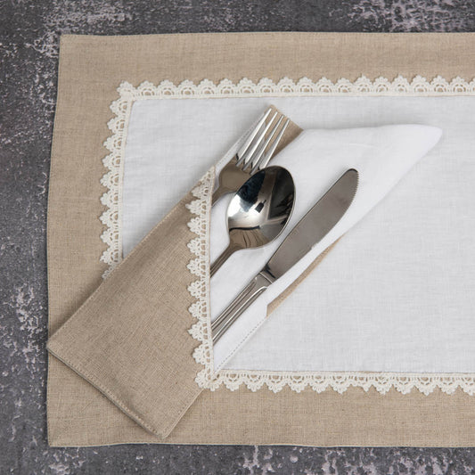 Lace embellished linen double pocket cutlery holders