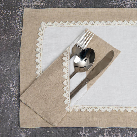 Lace embellished linen double pocket cutlery holders