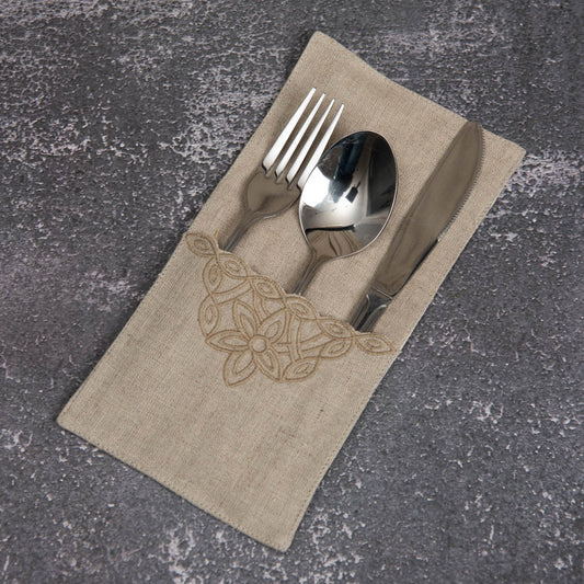 Cutwork natural linen single pocket cutlery holders
