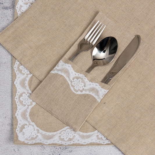 Lace edged natural linen single pocket cutlery holders