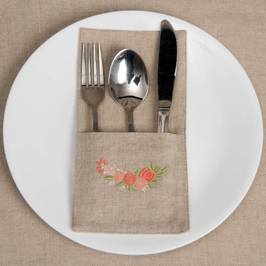 Embroidered natural linen single pocket cutlery holders