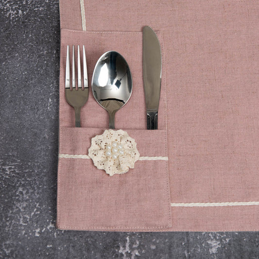 Crochet patched dusty rose linen single pocket cutlery holders