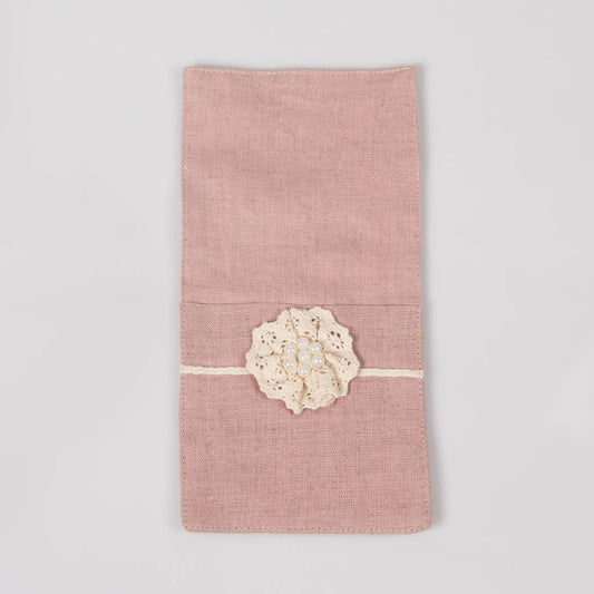 Crochet patched dusty rose linen single pocket cutlery holders