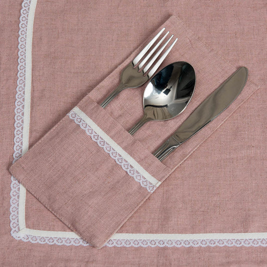 Lace edged dusty rose linen single pocket cutlery holders