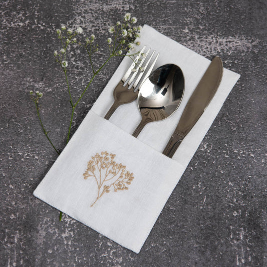 Embroidered white linen single pocket cutlery holders