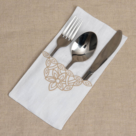 Cutwork white linen single pocket cutlery holders