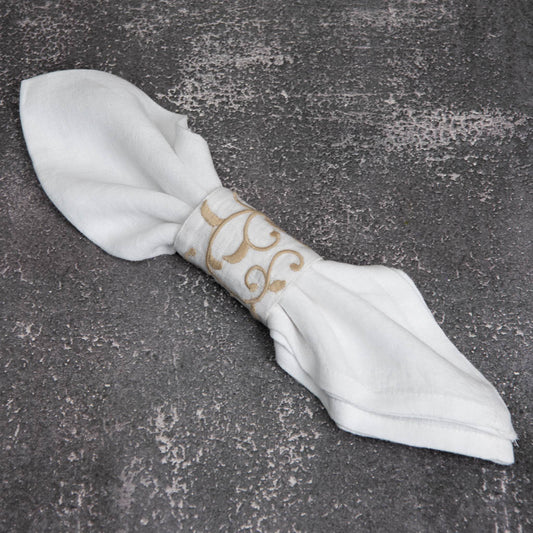 Embroidered white linen napkin rings