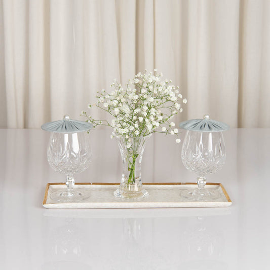 Glass covers in aqua grey linen with pearl bead handle