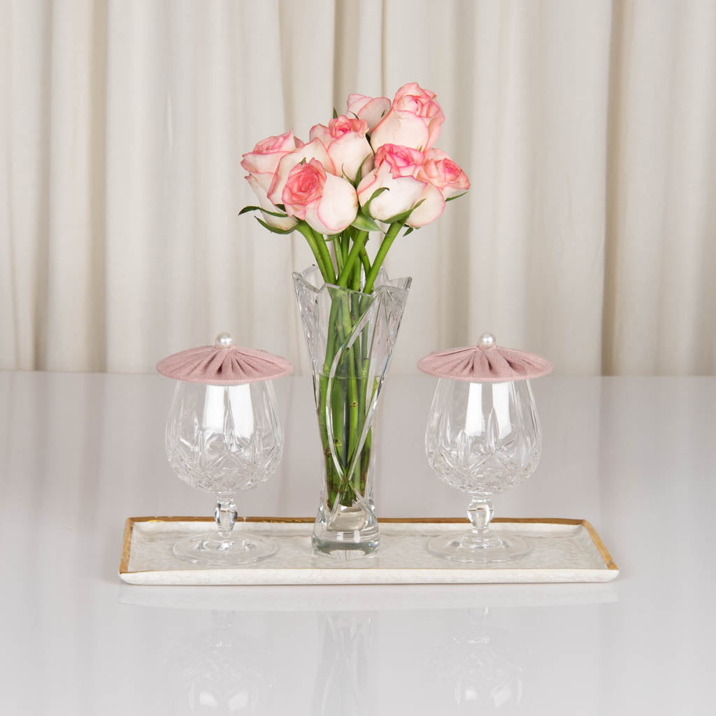 Glass covers in dusty rose linen with pearl bead handle