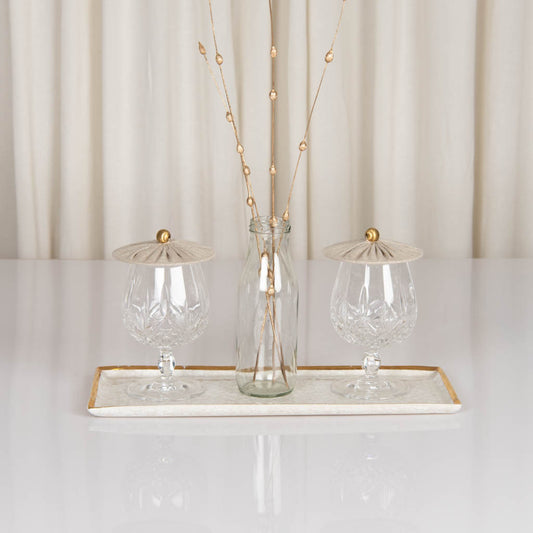 Glass covers in natural linen with gold bead handle