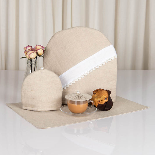 Lace detailed natural linen tea cosy set and tray mat
