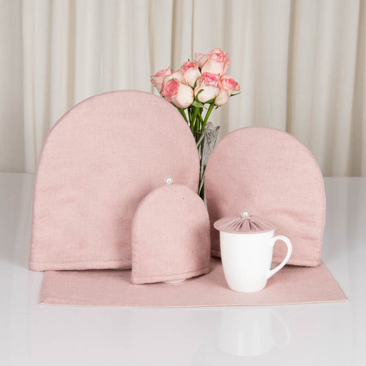 Dusty rose linen tea cosy set and tray mat