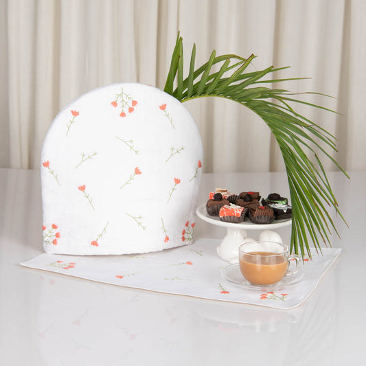 Embroidered White linen tea cosy and tray mat