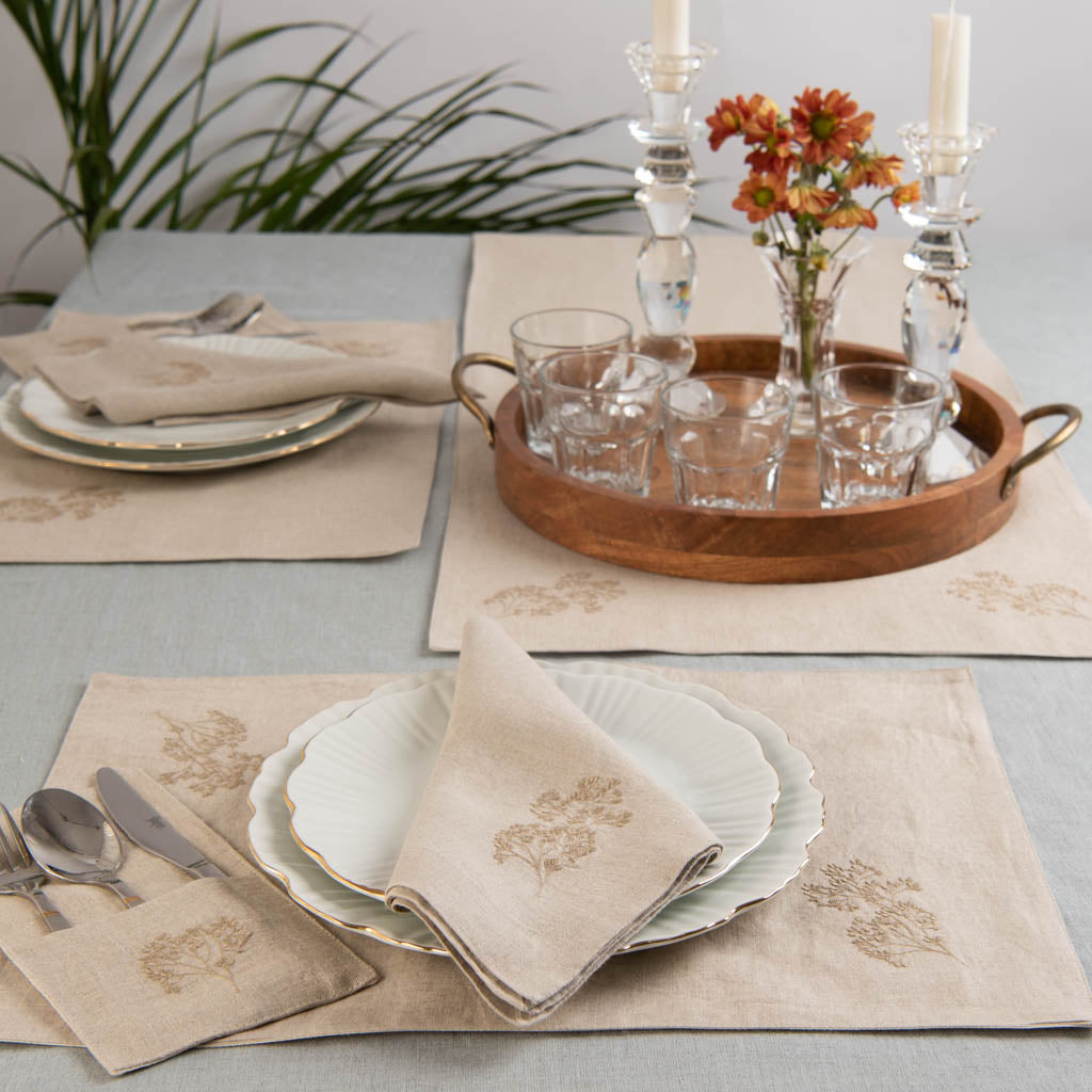 Embroidered natural table linen set