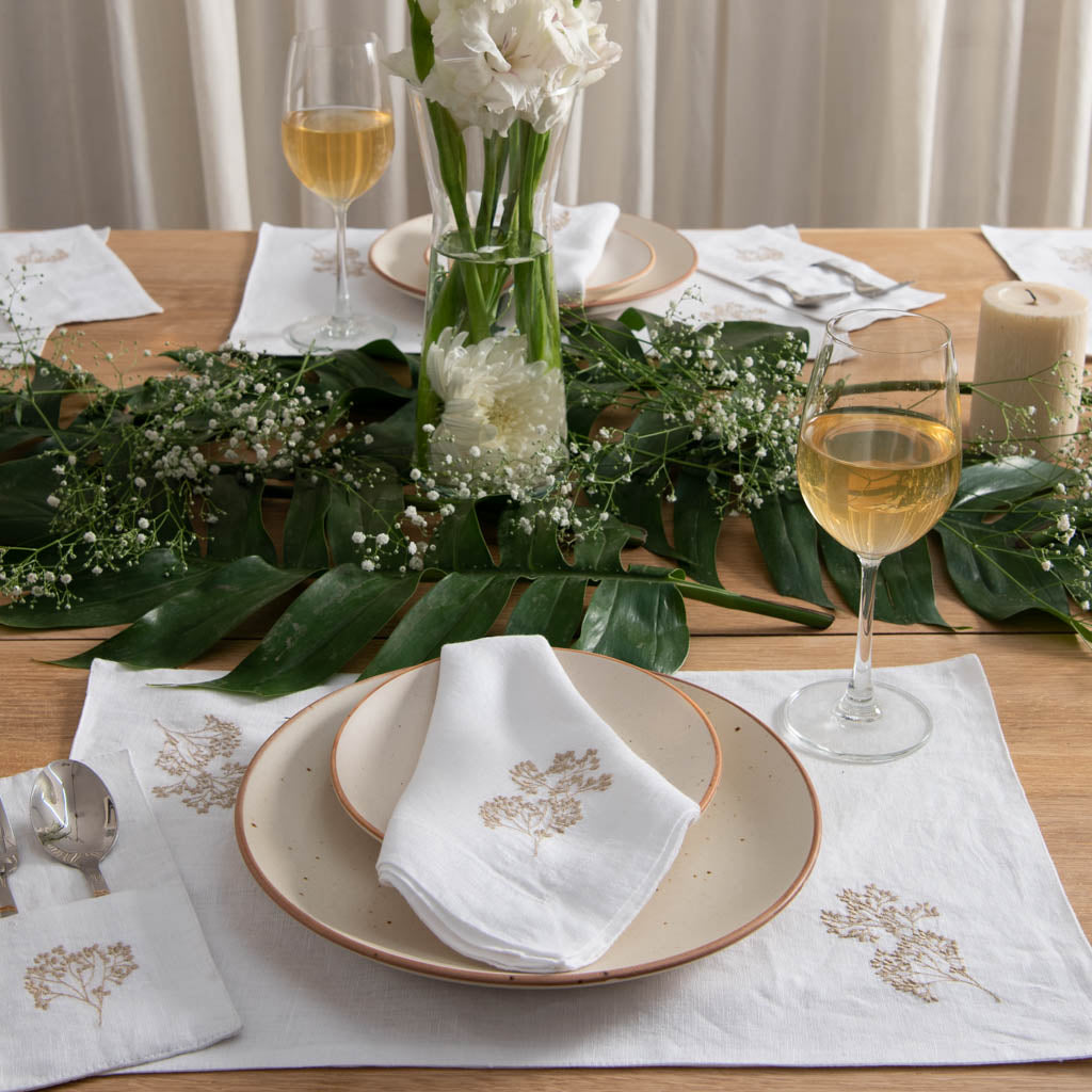 Embroidered white table linen set