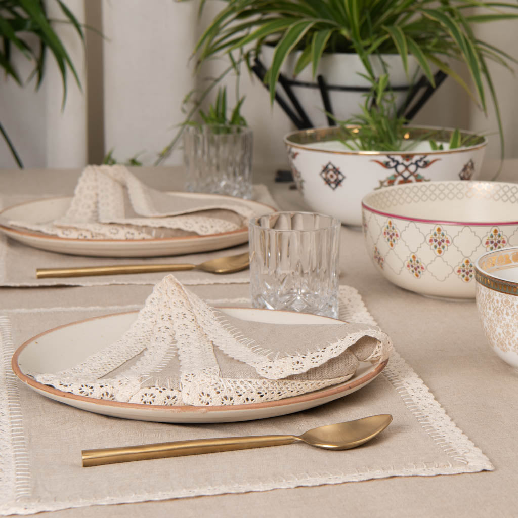 Lace edged natural table linen set