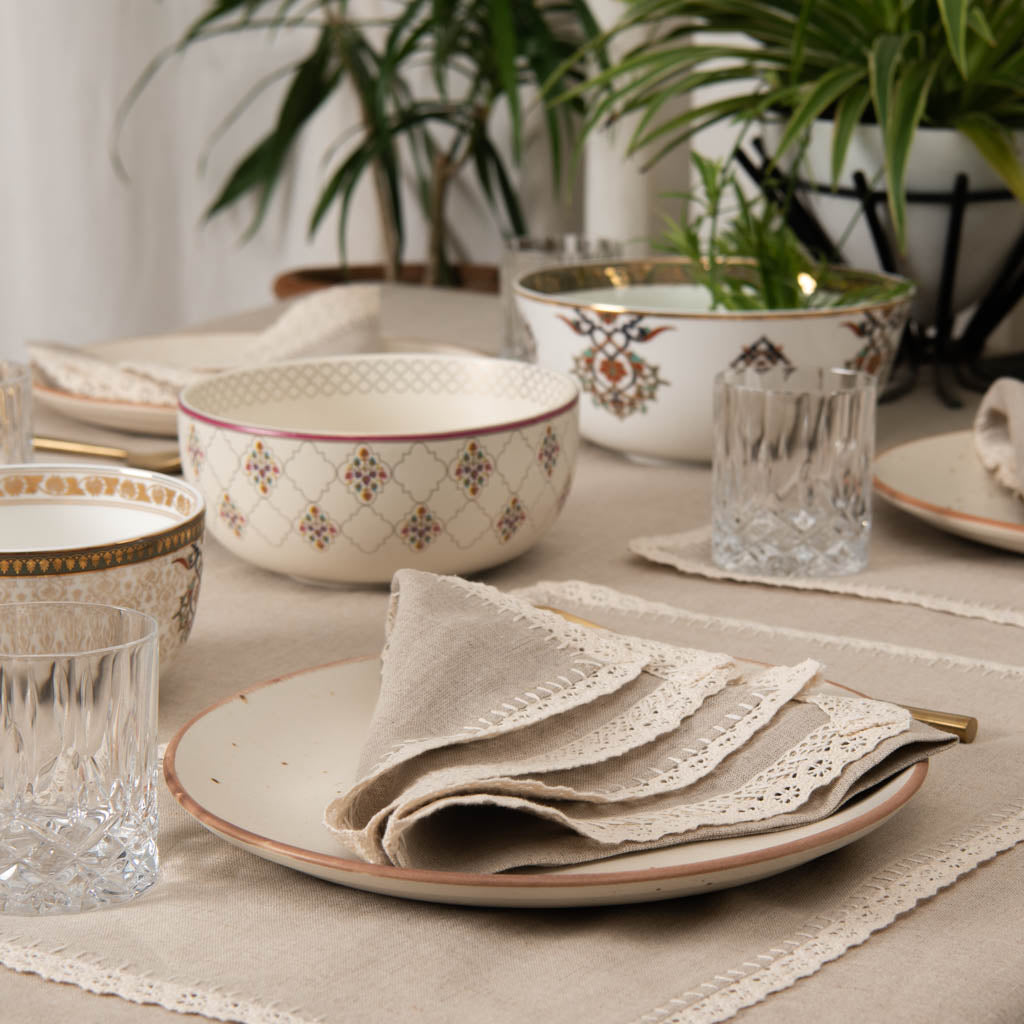 Lace edged natural table linen set