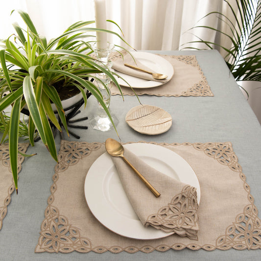 Cutwork edged natural table linen set