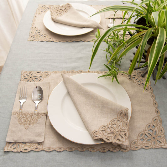 Cutwork edged natural table linen set