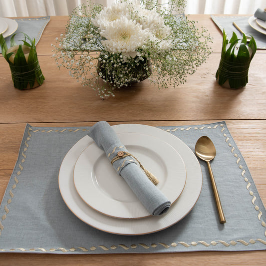 Gold embroidered table linen set aqua grey