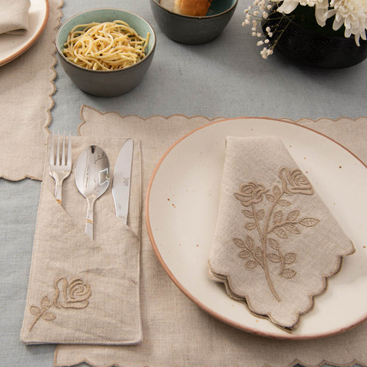 Cutwork edged embroidered natural table linen set