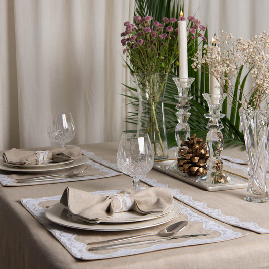 Lace edged natural table linen set